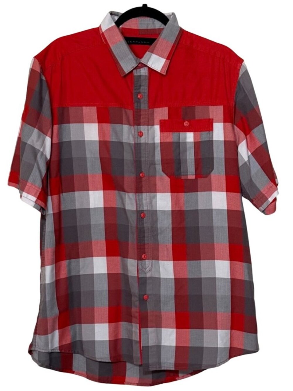 Sean John Red/Gray/White Plaid Button-Up Shirt w/Solid Red Shoulder Men Size XL